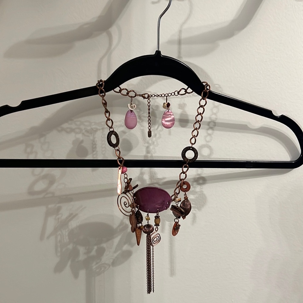 Pink/Purple Artistic Necklace and Earring Set